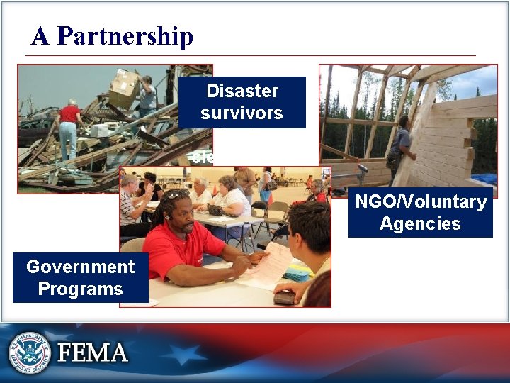 A Partnership Disaster survivors begin cleaning up after a tornado. NGO/Voluntary Agencies Government Programs