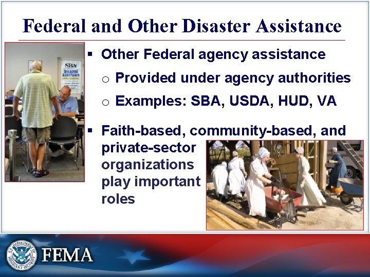 Federal and Other Disaster Assistance § Other Federal agency assistance o Provided under agency