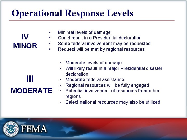 Operational Response Levels IV MINOR § § III MODERATE Minimal levels of damage Could