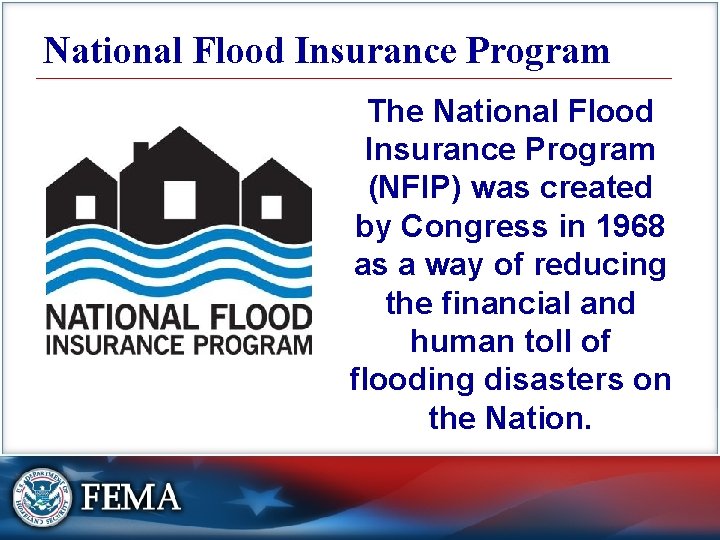 National Flood Insurance Program The National Flood Insurance Program (NFIP) was created by Congress