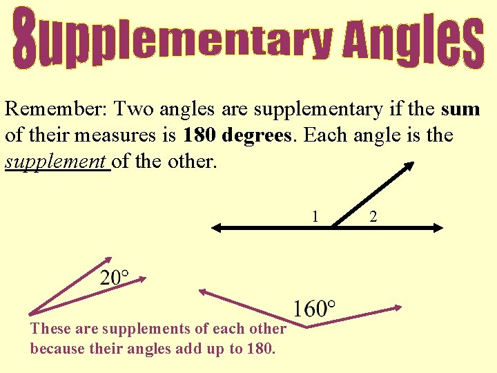 Remember: Two angles are supplementary if the sum of their measures is 180 degrees.