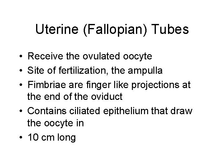 Uterine (Fallopian) Tubes • Receive the ovulated oocyte • Site of fertilization, the ampulla