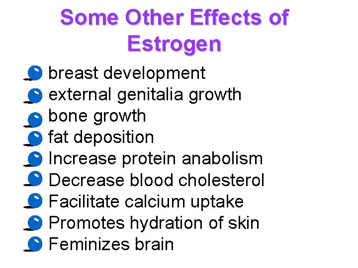 Some Other Effects of Estrogen • • • breast development external genitalia growth bone