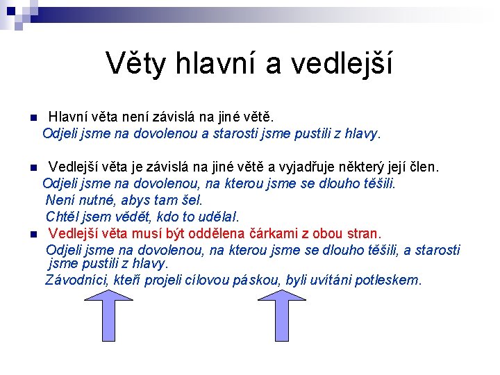 Věty hlavní a vedlejší n Hlavní věta není závislá na jiné větě. Odjeli jsme