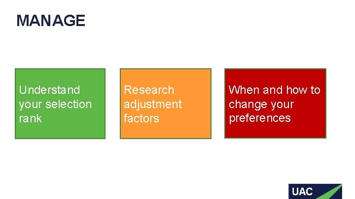 MANAGE Understand your selection rank Research adjustment factors When and how to change your