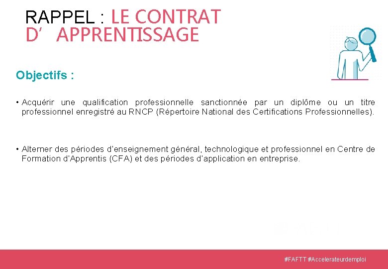 RAPPEL : LE CONTRAT D’APPRENTISSAGE Objectifs : • Acquérir une qualification professionnelle sanctionnée par