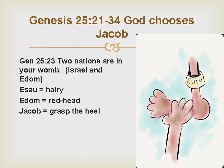 Genesis 25: 21 -34 God chooses Jacob Gen 25: 23 Two nations are in