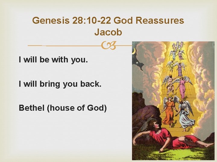 Genesis 28: 10 -22 God Reassures Jacob I will be with you. I will