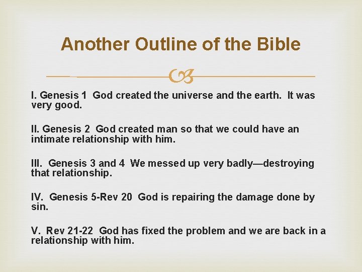 Another Outline of the Bible I. Genesis 1 God created the universe and the