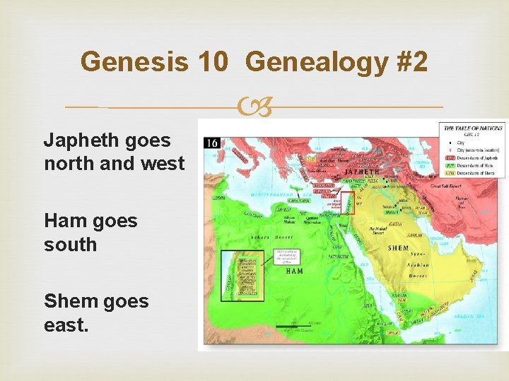 Genesis 10 Genealogy #2 Japheth goes north and west Ham goes south Shem goes