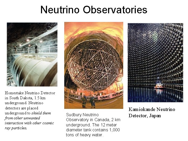 Neutrino Observatories Homestake Neutrino Detector in South Dakota, 1. 5 km underground. Neutrino detectors