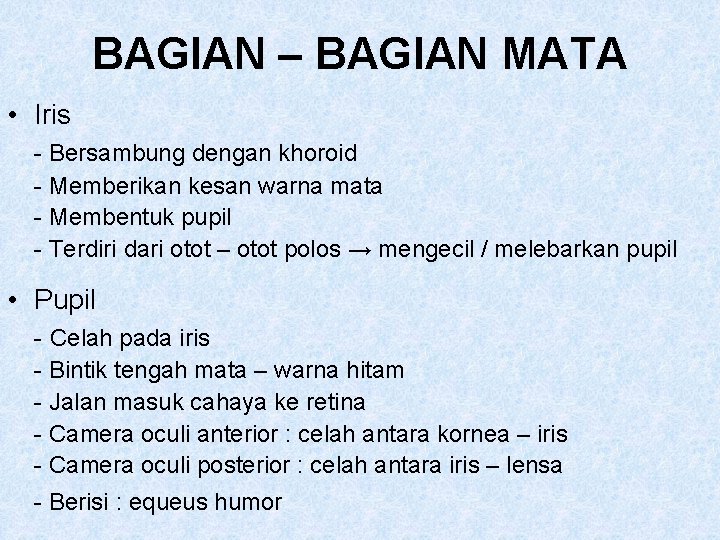 BAGIAN – BAGIAN MATA • Iris - Bersambung dengan khoroid - Memberikan kesan warna