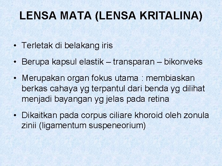 LENSA MATA (LENSA KRITALINA) • Terletak di belakang iris • Berupa kapsul elastik –