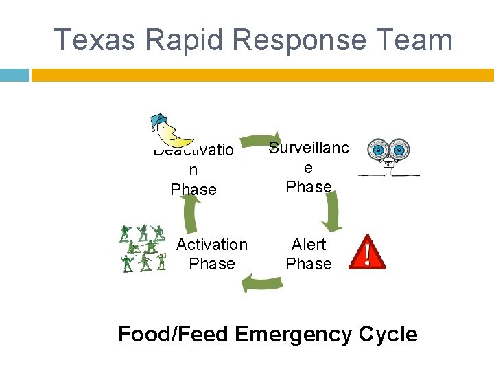 Texas Rapid Response Team Deactivatio n Phase Activation Phase Surveillanc e Phase Alert Phase Texas Rapid Response Team Deactivatio n Phase Activation Phase Surveillanc e Phase Alert Phase