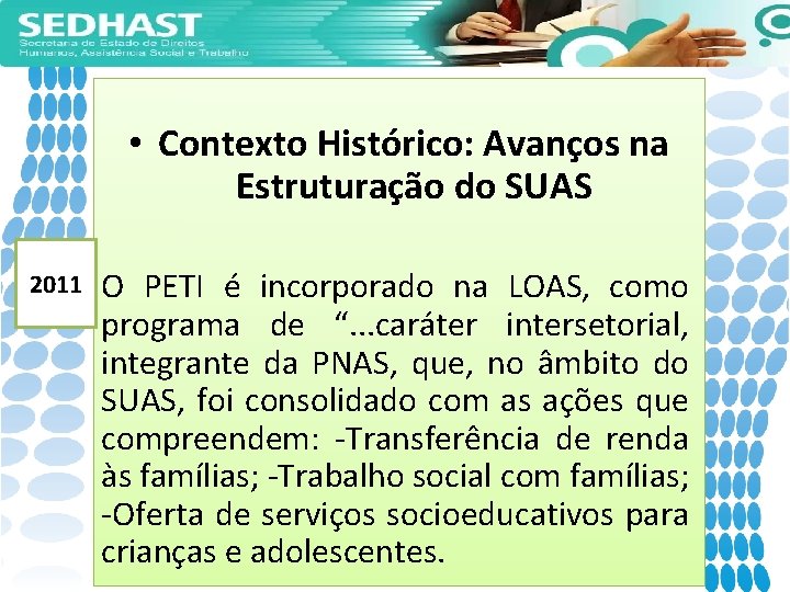  • Contexto Histórico: Avanços na Estruturação do SUAS 2011 O PETI é incorporado