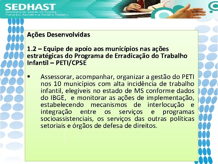 Ações Desenvolvidas 1. 2 – Equipe de apoio aos municípios nas ações estratégicas do