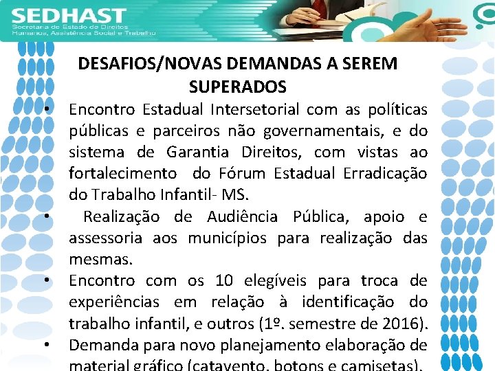 DESAFIOS/NOVAS DEMANDAS A SEREM SUPERADOS • • Encontro Estadual Intersetorial com as políticas públicas