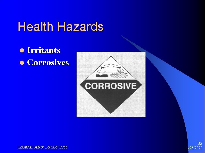 Health Hazards Irritants l Corrosives l Industrial Safety Lecture Three 32 11/26/2020 