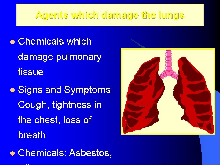 Agents which damage the lungs l Chemicals which damage pulmonary tissue l Signs and