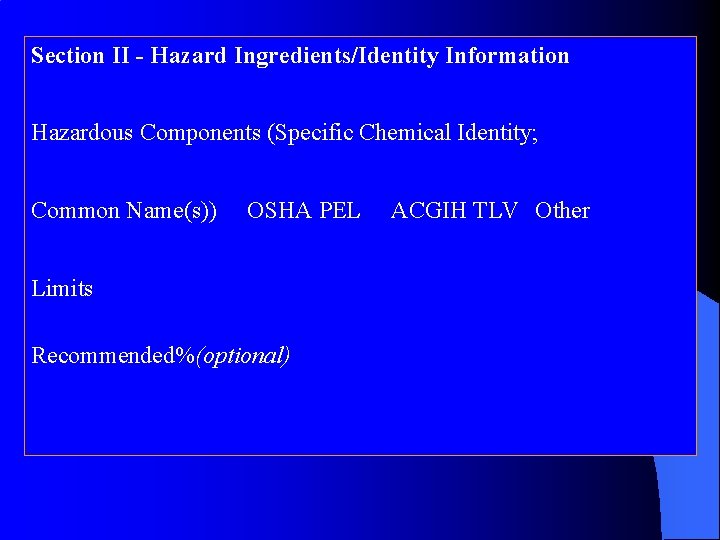 Section II - Hazard Ingredients/Identity Information Hazardous Components (Specific Chemical Identity; Common Name(s)) OSHA