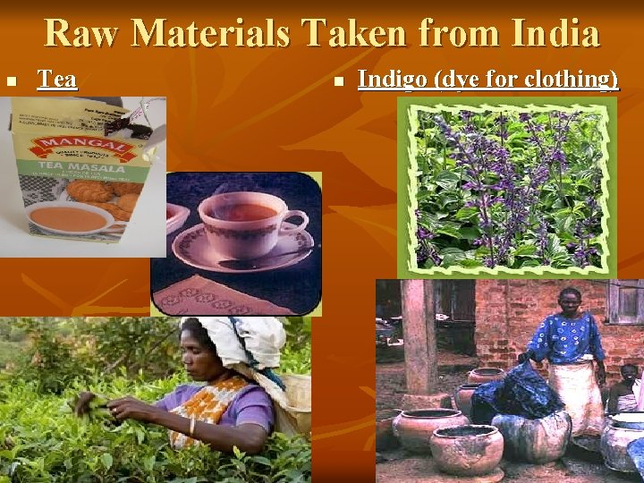 Raw Materials Taken from India n Tea n Indigo (dye for clothing) 