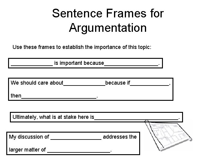 Sentence Frames for Argumentation Use these frames to establish the importance of this topic: