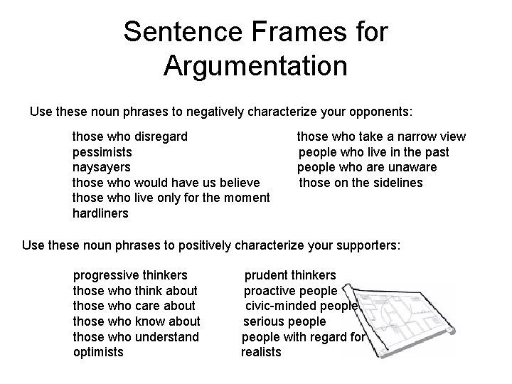 Sentence Frames for Argumentation Use these noun phrases to negatively characterize your opponents: those