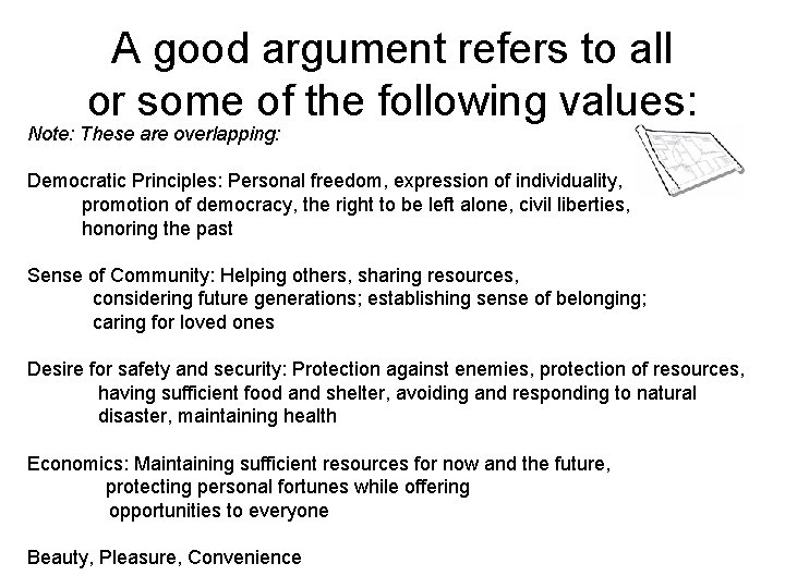 A good argument refers to all or some of the following values: Note: These