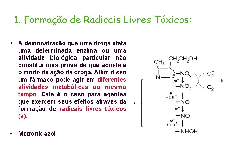 1. Formação de Radicais Livres Tóxicos: • A demonstração que uma droga afeta uma