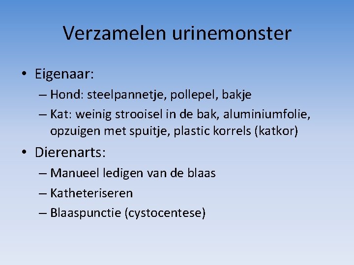 Verzamelen urinemonster • Eigenaar: – Hond: steelpannetje, pollepel, bakje – Kat: weinig strooisel in