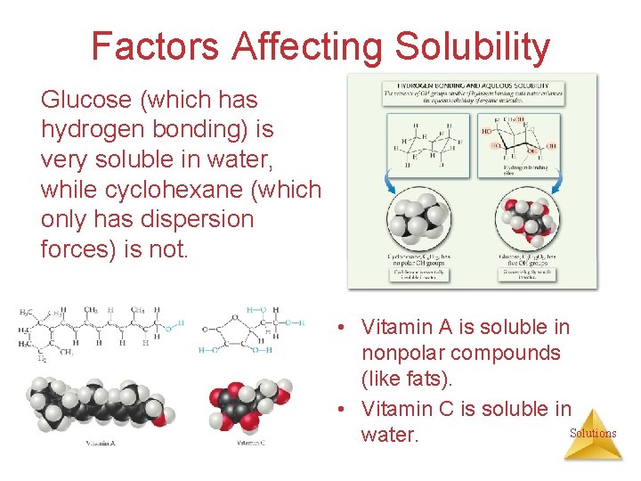 Factors Affecting Solubility Glucose (which has hydrogen bonding) is very soluble in water, while