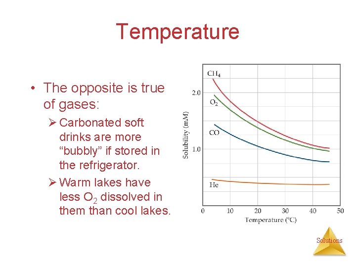 Temperature • The opposite is true of gases: Ø Carbonated soft drinks are more