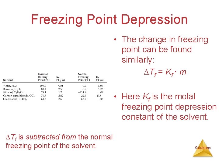 Freezing Point Depression • The change in freezing point can be found similarly: Tf