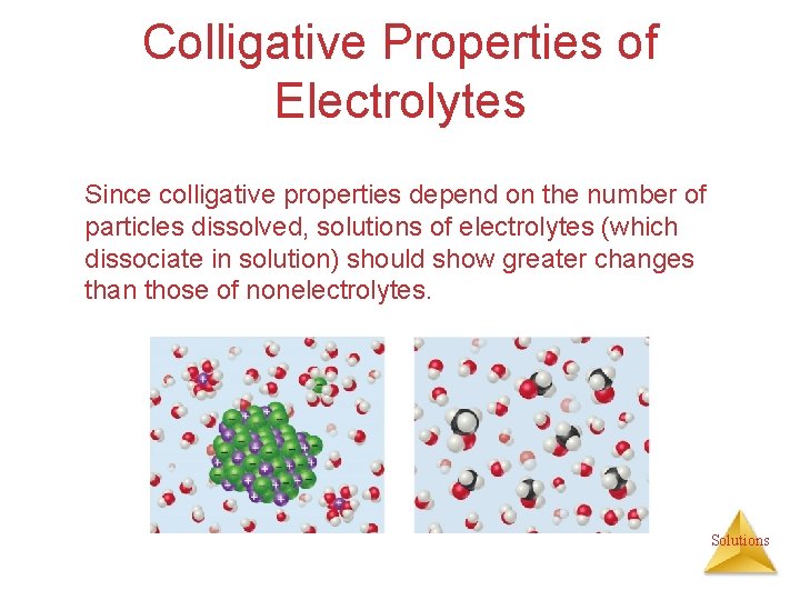Colligative Properties of Electrolytes Since colligative properties depend on the number of particles dissolved,