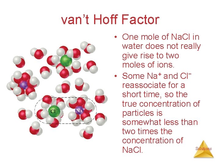 van’t Hoff Factor • One mole of Na. Cl in water does not really