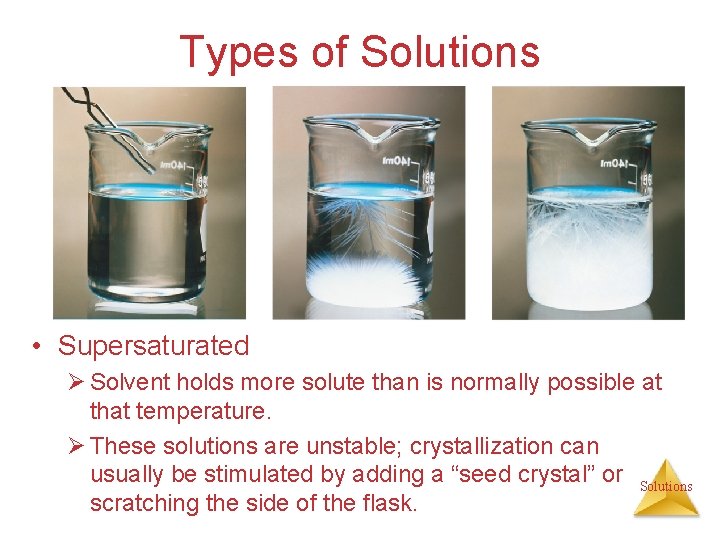 Types of Solutions • Supersaturated Ø Solvent holds more solute than is normally possible
