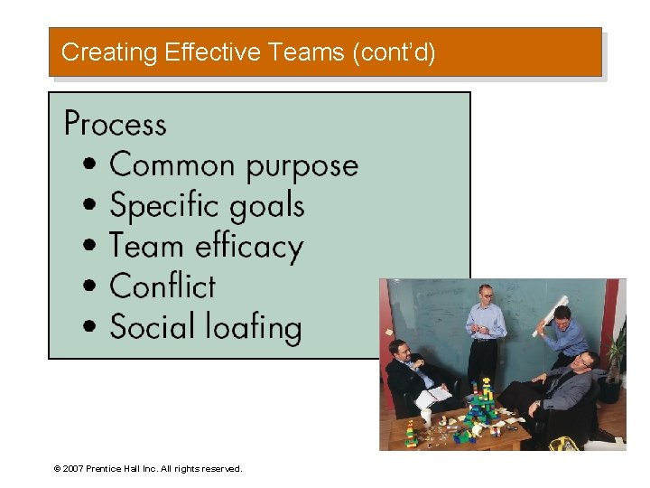 Creating Effective Teams (cont’d) © 2007 Prentice Hall Inc. All rights reserved. 