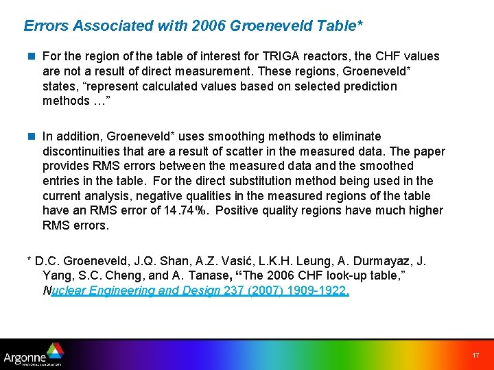 Errors Associated with 2006 Groeneveld Table* n For the region of the table of