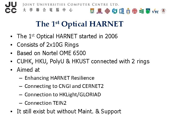 The 1 st Optical HARNET started in 2006 Consists of 2 x 10 G