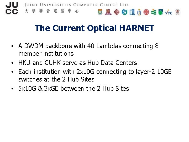 The Current Optical HARNET • A DWDM backbone with 40 Lambdas connecting 8 member