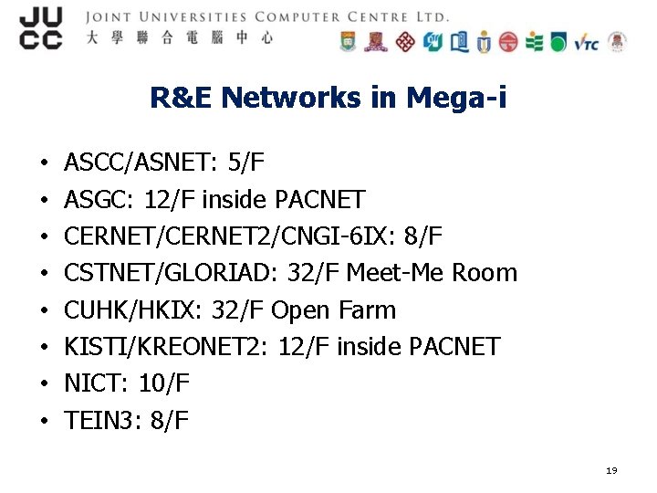 R&E Networks in Mega-i • • ASCC/ASNET: 5/F ASGC: 12/F inside PACNET CERNET/CERNET 2/CNGI-6