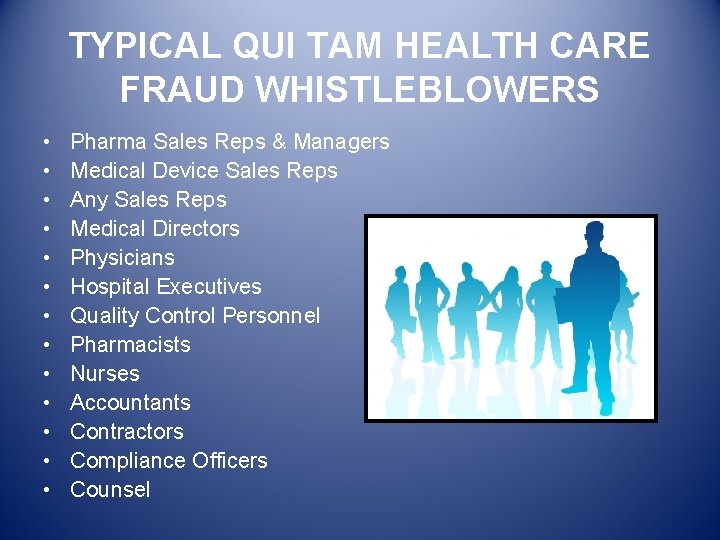 TYPICAL QUI TAM HEALTH CARE FRAUD WHISTLEBLOWERS • • • • Pharma Sales Reps