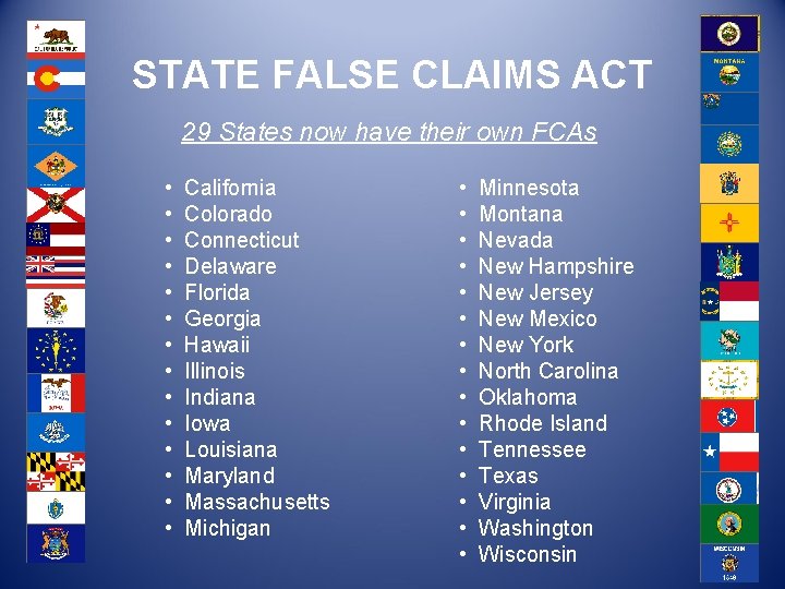 STATE FALSE CLAIMS ACT 29 States now have their own FCAs • • •