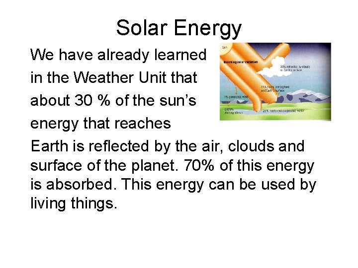 Solar Energy We have already learned in the Weather Unit that about 30 %