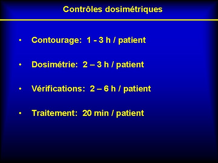 Contrôles dosimétriques • Contourage: 1 - 3 h / patient • Dosimétrie: 2 –