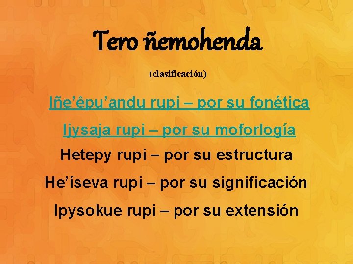 Tero ñemohenda (clasificación) Iñe’êpu’andu rupi – por su fonética Ijysaja rupi – por su