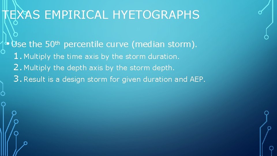 TEXAS EMPIRICAL HYETOGRAPHS • Use the 50 th percentile curve (median storm). 1. Multiply