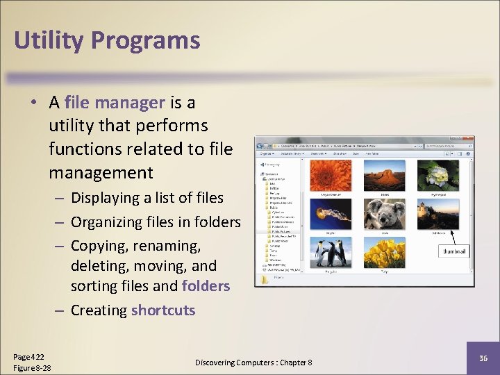 Utility Programs • A file manager is a utility that performs functions related to