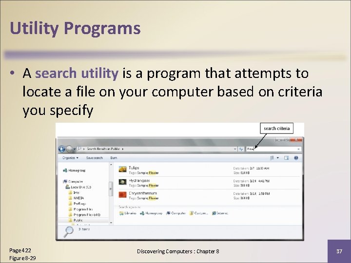 Utility Programs • A search utility is a program that attempts to locate a