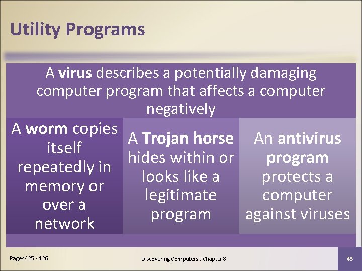 Utility Programs A virus describes a potentially damaging computer program that affects a computer